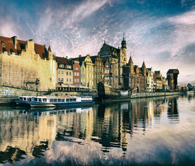 Obraz premium Cityscape of Gdansk in Poland,Stylized photo on old, retro, vintage