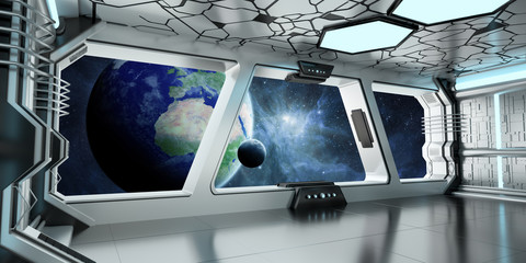 Spaceship interior with view on the planet Earth 3D rendering elements of this image furnished by NASA