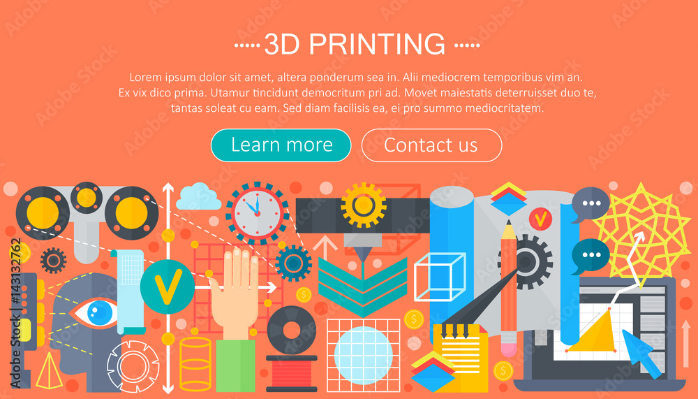 Poster 3d printer technology flat concept set. 3d modeling, printing and scanning web header.