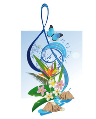 Abstract treble clef decorated with tropical flowers and palm leaves, a butterfly.