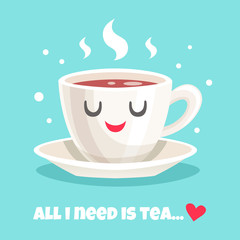 Cute teacup of black tea. Vector illustration