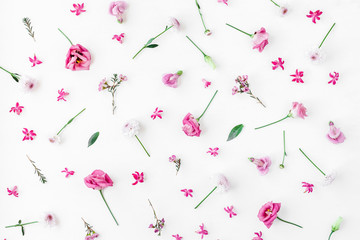 Flowers composition. Pattern made of various pink flowers on white background. Flat lay, top view