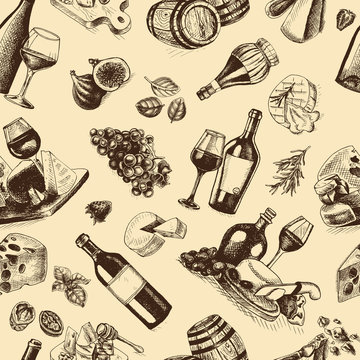 Vector illustration sketch wine and cheese.