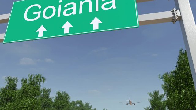 Airplane arriving to Goiania airport. Travelling to Brazil conceptual 4K animation