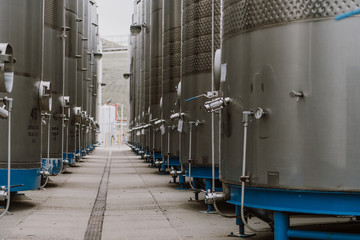 Modern wine factory Large volume stainless steel fermenters used to make wine