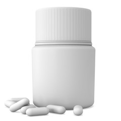 Blank plastic bottle of pills. 3D render illustration isolated on white background. Medical drug pharmacy care and tablet pills antibiotic pharmaceutical