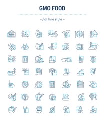 Vector graphic set. Icons in flat, contour, thin, minimal and linear design.Gmo food. Genetically modified food product.Modern technology.Concept illustration for Web site, app.Sign,symbol,element.