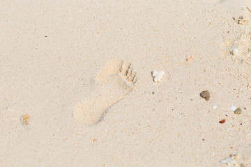 Copy space of footprint on sand beach texture background. Summer vacation
