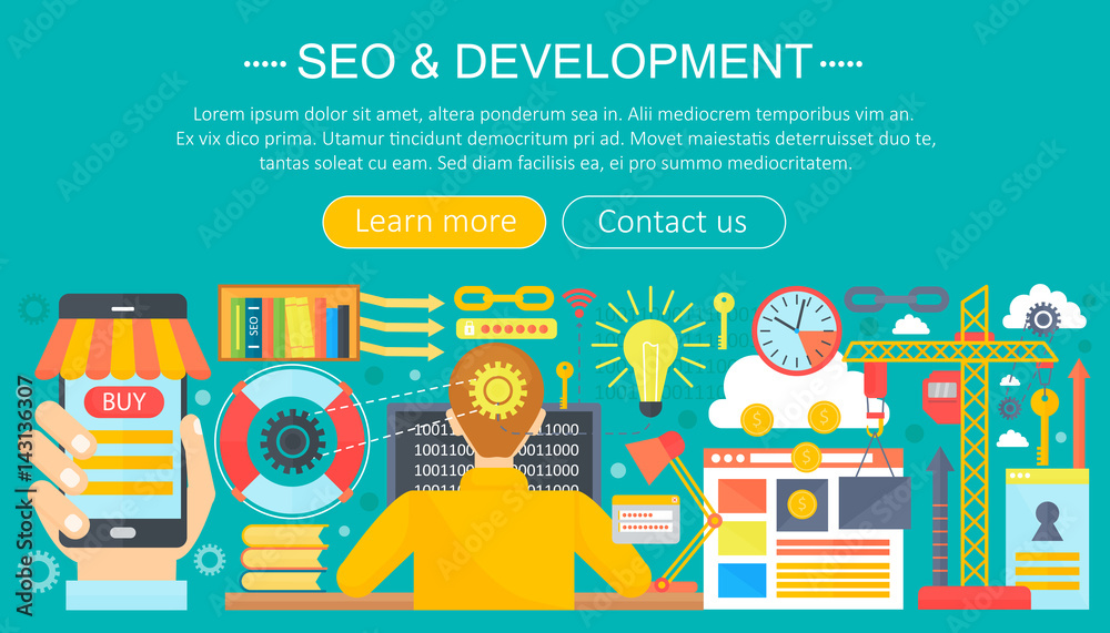 Aufkleber seo and development concept design infographics template design, web header seo icons elements. vect