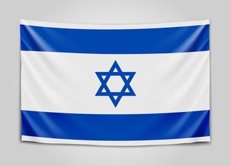 Hanging flag of Israel. State of Israel. Israeli national flag concept.