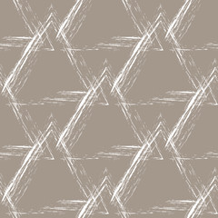 Seamless pattern of stylized white grunge pyramids on a beige background.
Abstract vector modern wallpaper. Can be used for graphic design, pattern fill, packaging, clothing, printing on surfaces.