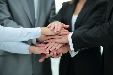 Obraz premium Business people in suits making pie of their hands