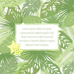 Tropic leaves background with frame for your text. Exotic banner template.