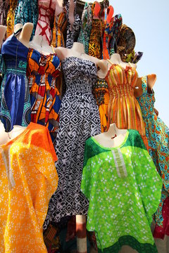 Traditional African Textiles / Beautiful decorated stalls offer colorful African Textiles in Lomé, Togo, West Africa. 