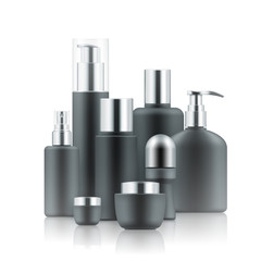 Blank templates of empty black and silver package for cosmetic products: tube and jar for cream, bottle for shampoo, soap with pump, foam, deodorant, hair spray. Realistic mockup of plastic containers
