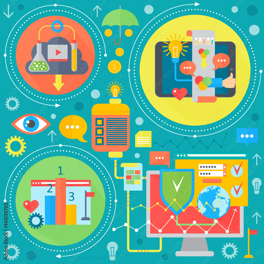 Aufkleber Web design and mobile phone services apps flat concept. Icons for web design, web application development. Programming infographics template design. Vector illustration.