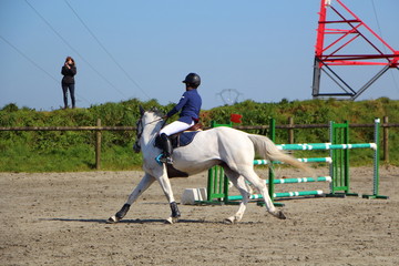 Cavalière à cheval lors d'un concours hippique