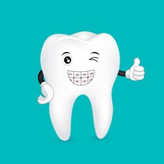 braces tooth mascot. Dental health care concept.  Illustration isolated on green background.