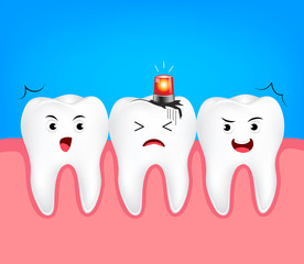 Decayed tooth with siren. Dental care concept,  Illustration isolated on blue background.