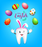Cute cartoon tooth with rabbit ear throwing easter eggs. Happy Easter concept, illustration.