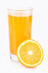 Orange juice. Isolated drink. A glass of orange juice and pieces of orange fruit isolated on white background. Citrus. Diet. Vitamins. Healthy food.