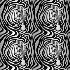 Zebra head seamless pattern. Black and white strips, illustration isolated on white background. Animal skin print texture.