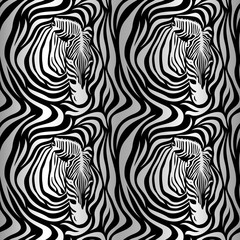 Zebra head seamless pattern. Black and white strips, illustration isolated on white background. Animal skin print texture.