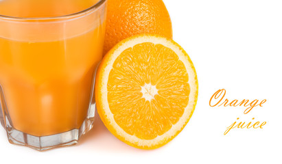 Orange juice. Isolated drink. A glass of orange juice and pieces of orange fruit isolated on white background. Citrus. Diet. Vitamins. Healthy food.