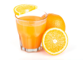 Orange juice. Isolated drink. A glass of orange juice and pieces of orange fruit isolated on white background. Citrus. Diet. Vitamins. Healthy food.