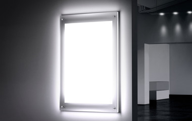 Blank white illuminated poster mock up in dark hall, 3d rendering. Clear glowing affiche design...