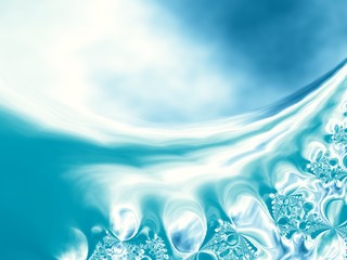 Blue, green and white abstract fractal depicting a stylized sea with pearls and shells
