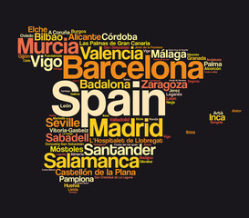 List of cities and towns in SPAIN, map word cloud collage, business and travel concept background