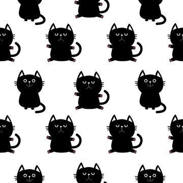 Black sitting cat head with paw print Cute cartoon character. Baby pet collection. Seamless Pattern Wrapping paper, textile template. White background. Flat design.