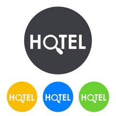 Icono plano texto HOTEL con lupa en circulo varios colores