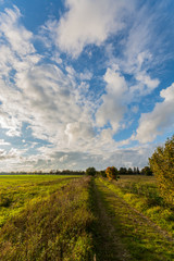 Green autumn fields with country road. Massive stormy clouds. Nature landscape.