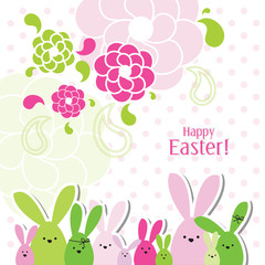 Easter card with copy space. Floral background. Bunny family.