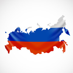 Hanging Russia flag in form of map. Russian Federation. National flag concept.