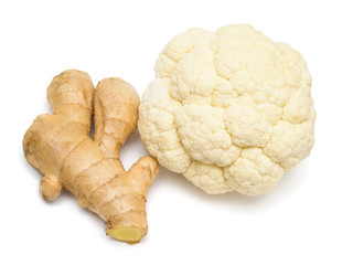 Cauliflower and ginger root isolated on white background