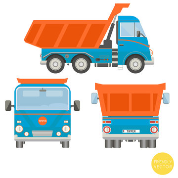 Cartoon Transport. Dump Truck Vector Illustration. View From Side, Back, Front.