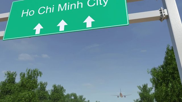 Airplane arriving to Ho Chi Minh City airport. Travelling to Vietnam conceptual 4K animation