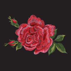 Embroidery trend ethnic floral pattern with red rose. Vector style traditional folk flower element on black background for fashion design.