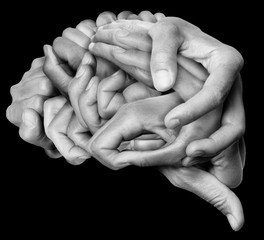 A human brain made ​​with hands, different hands are wrapped together to form a brain
