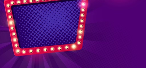 Retro neon Lamps billboard on dark purple background. Billboard frame with bulb lamps. Vector illustration
