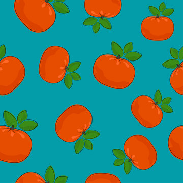 Seamless Pattern of Mandarin , Fruit Tropical Citrus Pattern, Tangerine on Azure Background , Vector Illustration