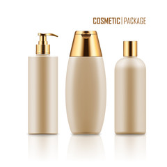 Set of empty realistic package for cosmetic product with gold caps. Collection of blank template of plastic container with pump, tube, bottle with dispenser, spray. Vector mockup of packages.