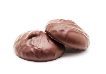 chocolate covered marshmallows on white background