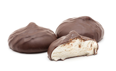 chocolate covered marshmallows on white background