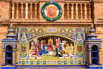 Ceramic tiles bench of Pamplona, Plaza de Espana - Spanish Square in Seville, Spain