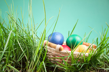 Colorful Easter eggs in a basket