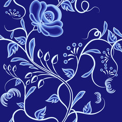 Continuous pattern of interwoven flowers. Dark blue background imitating painting on porcelain in the Russian style Gzhel or Chinese painting.